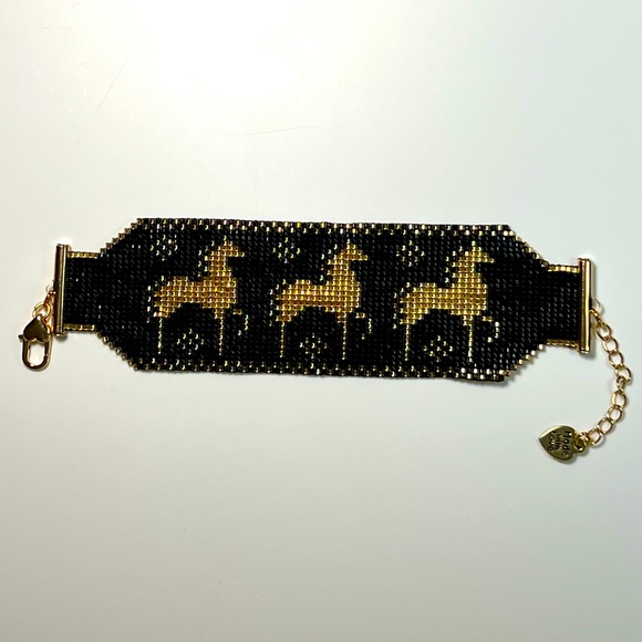 Hand Crafted Jewelry - Prancing horses gold black handwoven bracelet cuff adjustable